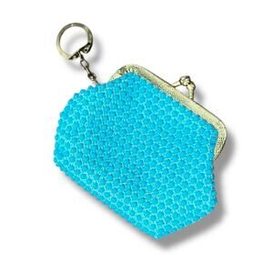 Vintage Turquoise Beaded Coin Purse Keychain – Floral Lined, Kiss-Lock Closure